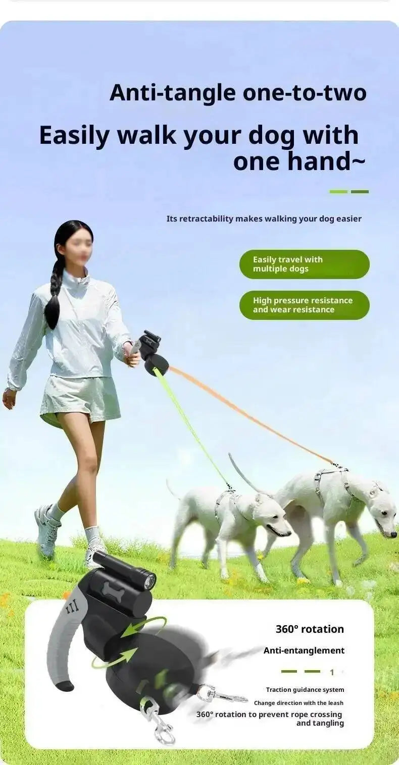 Auto Retractable Double-Headed Dog Leash 3M Rope for 2 Dogs with LED Flashlight 360 Degree Dual Traction Rope Pet Supplies