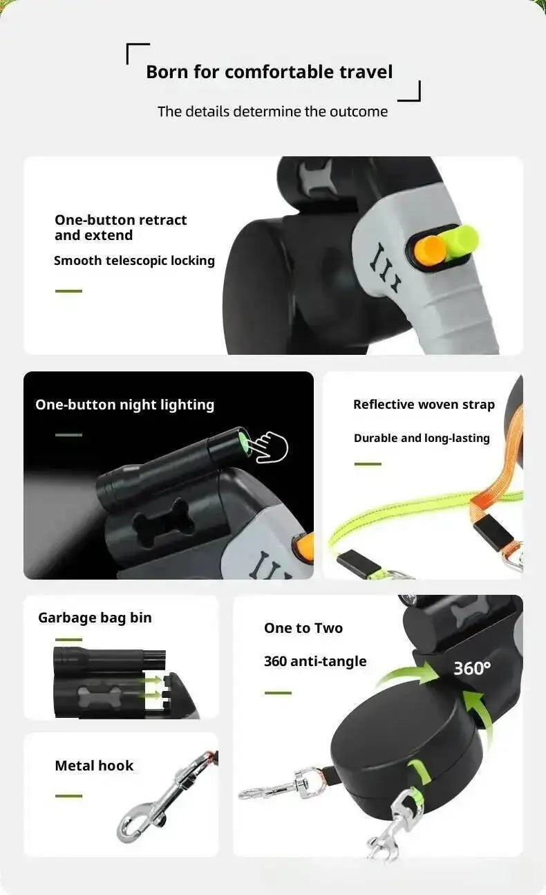 Auto Retractable Double-Headed Dog Leash 3M Rope for 2 Dogs with LED Flashlight 360 Degree Dual Traction Rope Pet Supplies