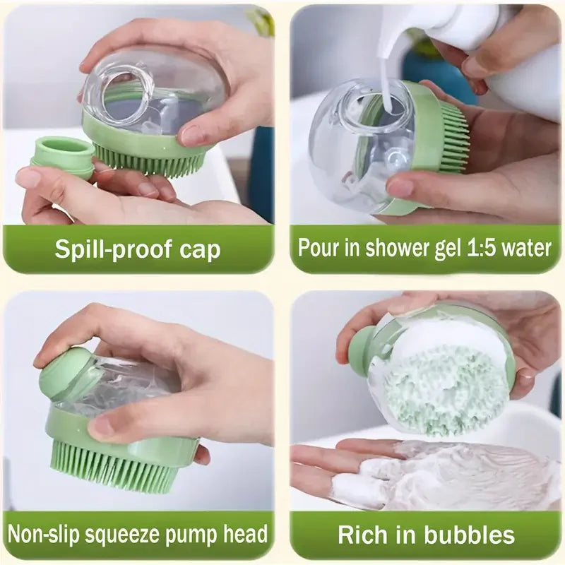 Dog Bath Brush with Soap Dispenser Silicone Bristle Pet Grooming Massage Shampoo Dog Brush