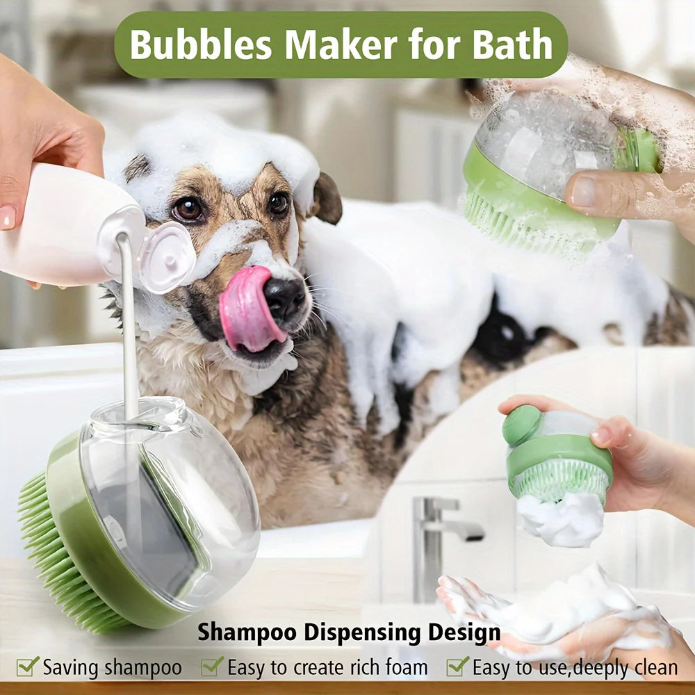 Dog Bath Brush with Soap Dispenser Silicone Bristle Pet Grooming Massage Shampoo Dog Brush
